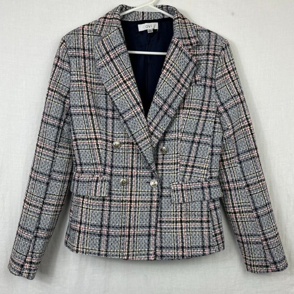 Ovi Paid Tweed Blazer Jacket Womens S Double Breast Crest Buttons Y2K Academia